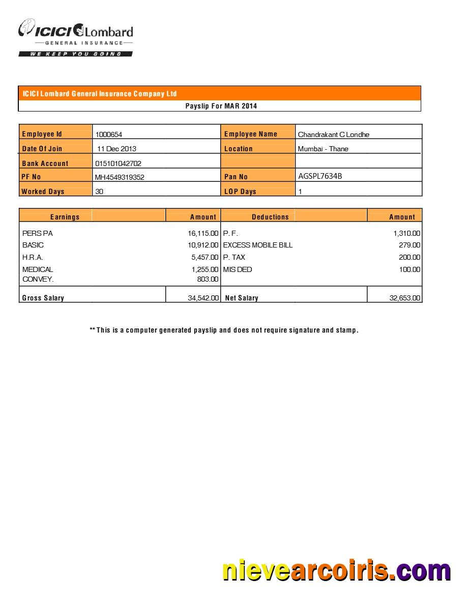ICICI Lombard General Insurance Company payslip